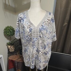 Lena Floral V-Neck Blouse - Blue and Brown